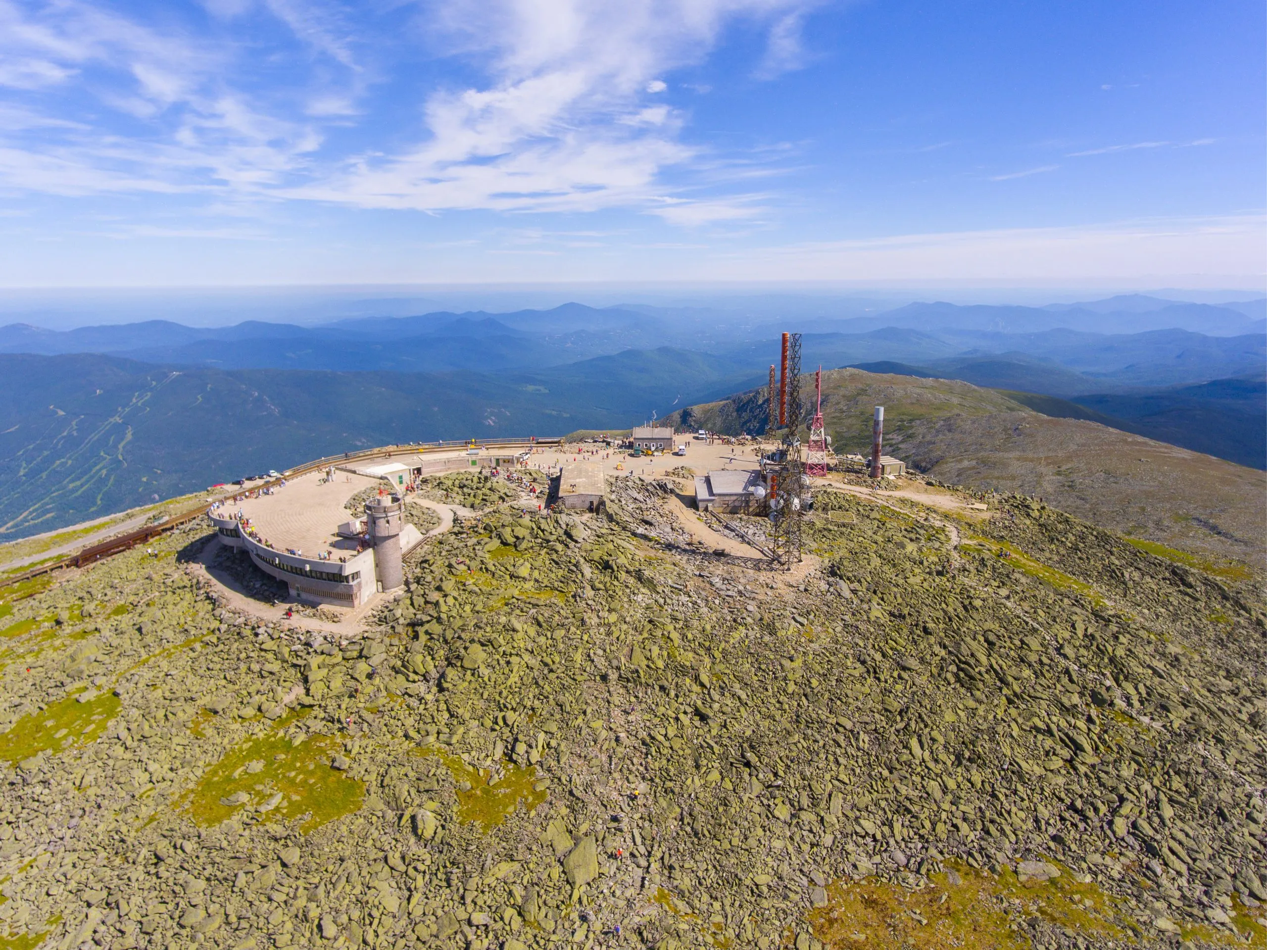 Mount Washington summit aerial view in summer, including the observatory, New Hampshire, USA.